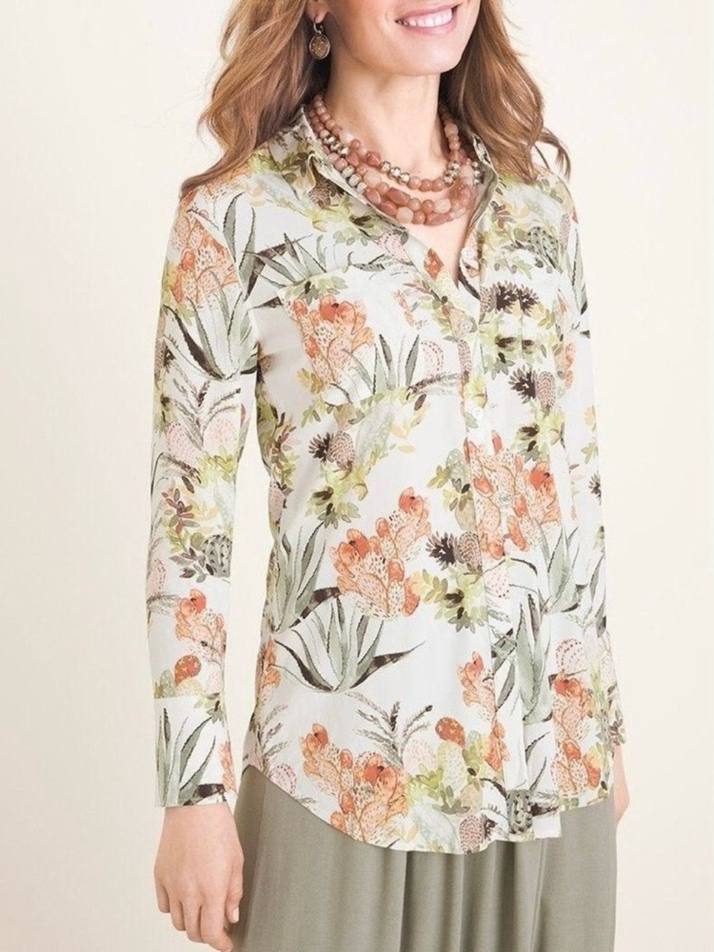 Chico's Desert Bouquet Half Placket Shirt Long Sleeve Blouse Bohemian Sz 0 (S)